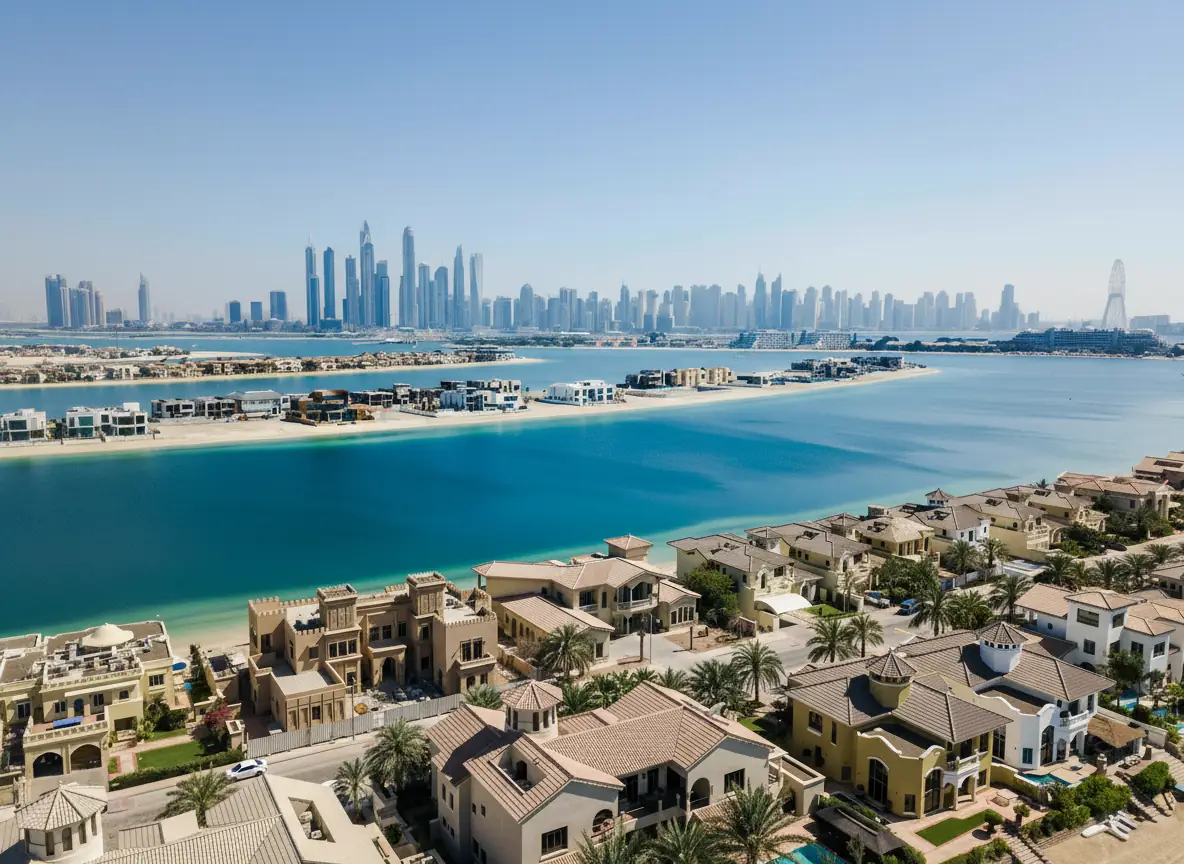 Aerial view of Palm Jumeirah villas and the Dubai Marina skyline